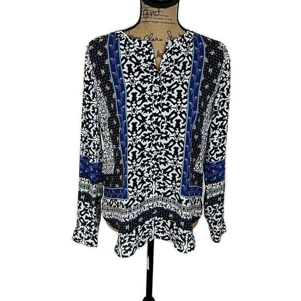 💥5/$25 Ann‎ Taylor LOFT XS Top Black Blue Floral 1/2 Button Long Sleeve Blouse